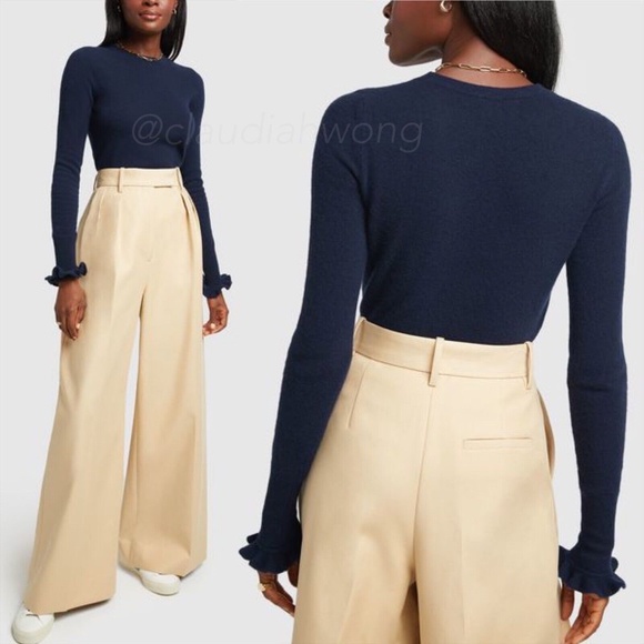 New GWYN Bunny 100% Merino Wool Ruffle Trim Sweater in Navy Blue - Picture 3 of 11